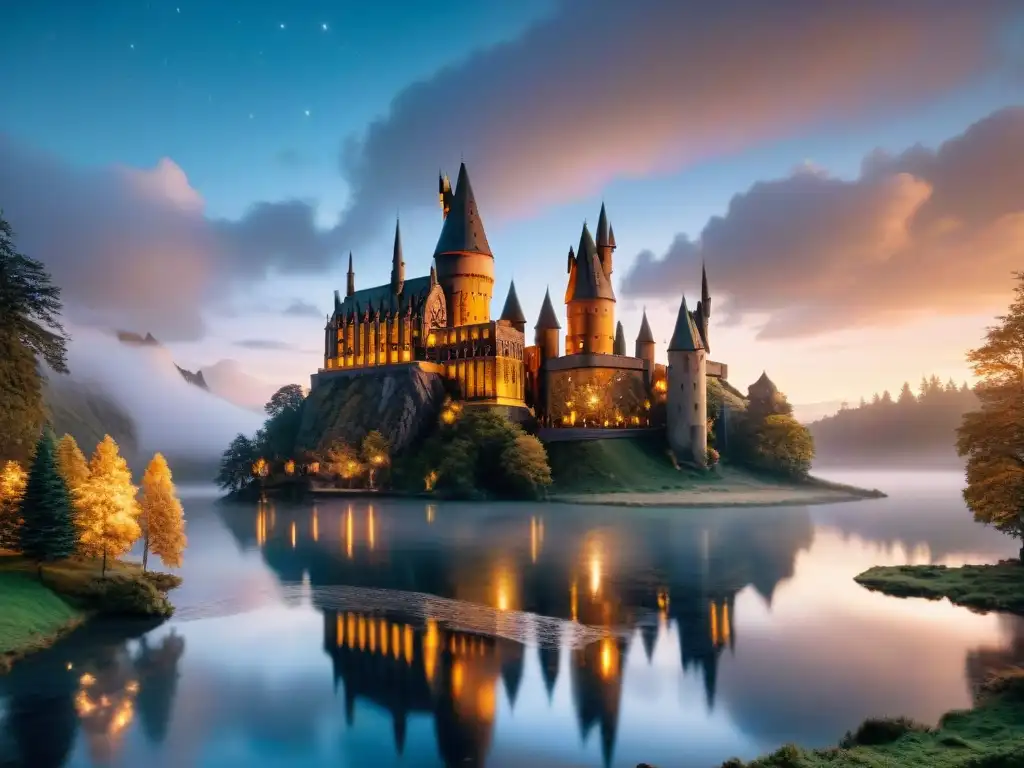 El castillo de Hogwarts iluminado por faroles al anochecer