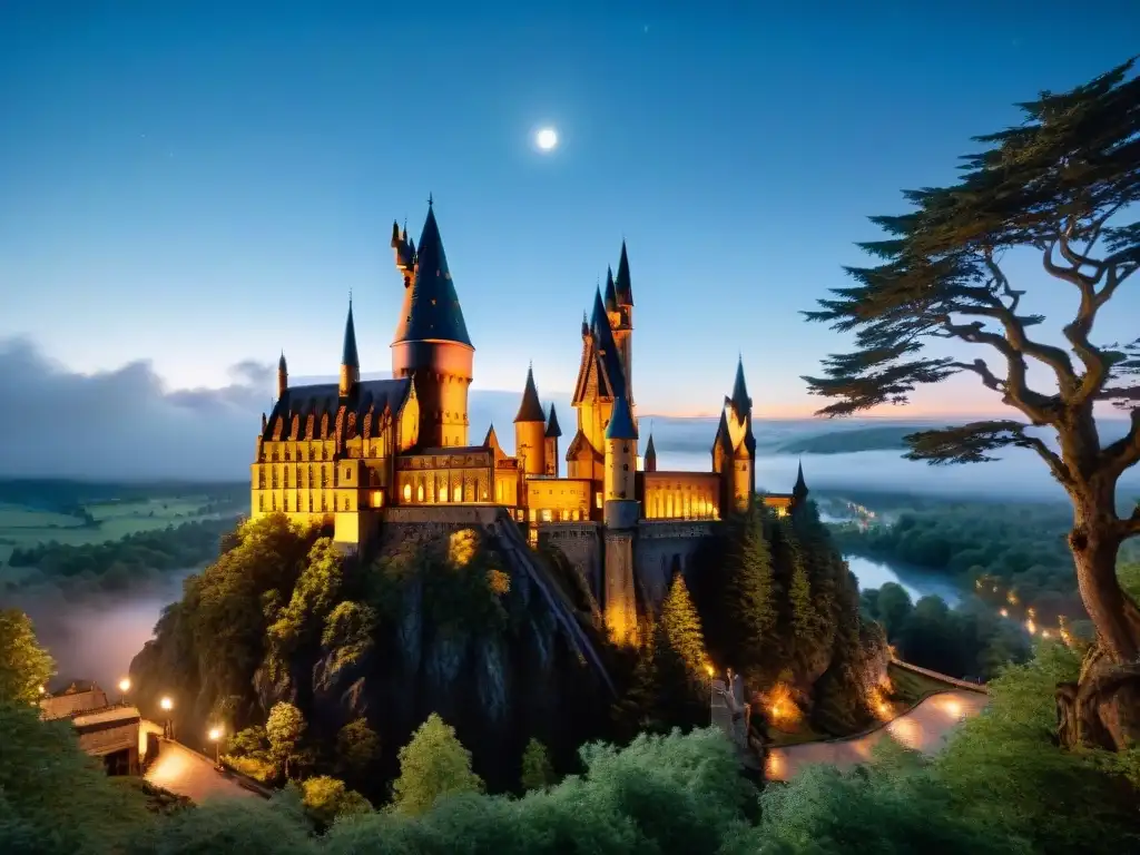 Castillo de Hogwarts iluminado por la luna en un bosque místico