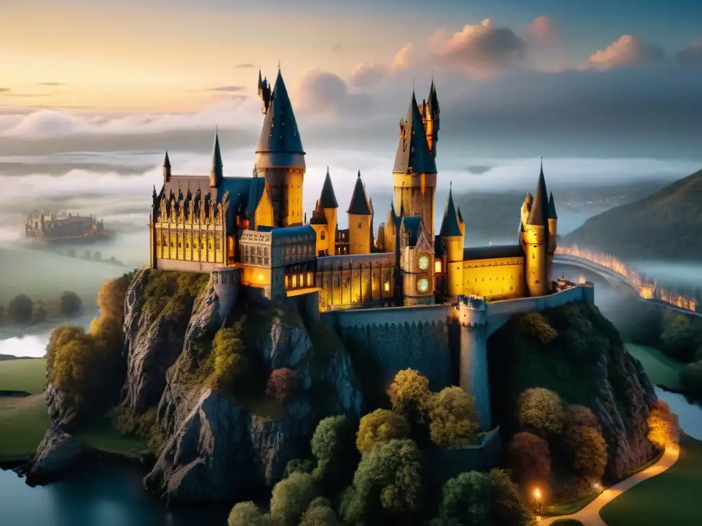 Castillo de Hogwarts iluminado por la luz de la luna, con emblemas de casas integrados en la arquitectura