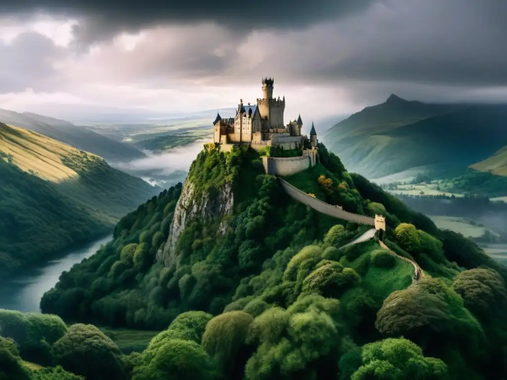 Castillo majestuoso en acantilado con banderas al viento, ríos y montañas nevadas