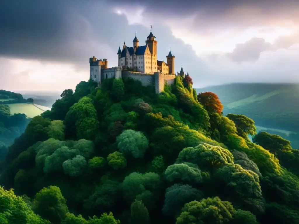 Un castillo majestuoso en un acantilado, rodeado de bosques verdes bajo un cielo tormentoso