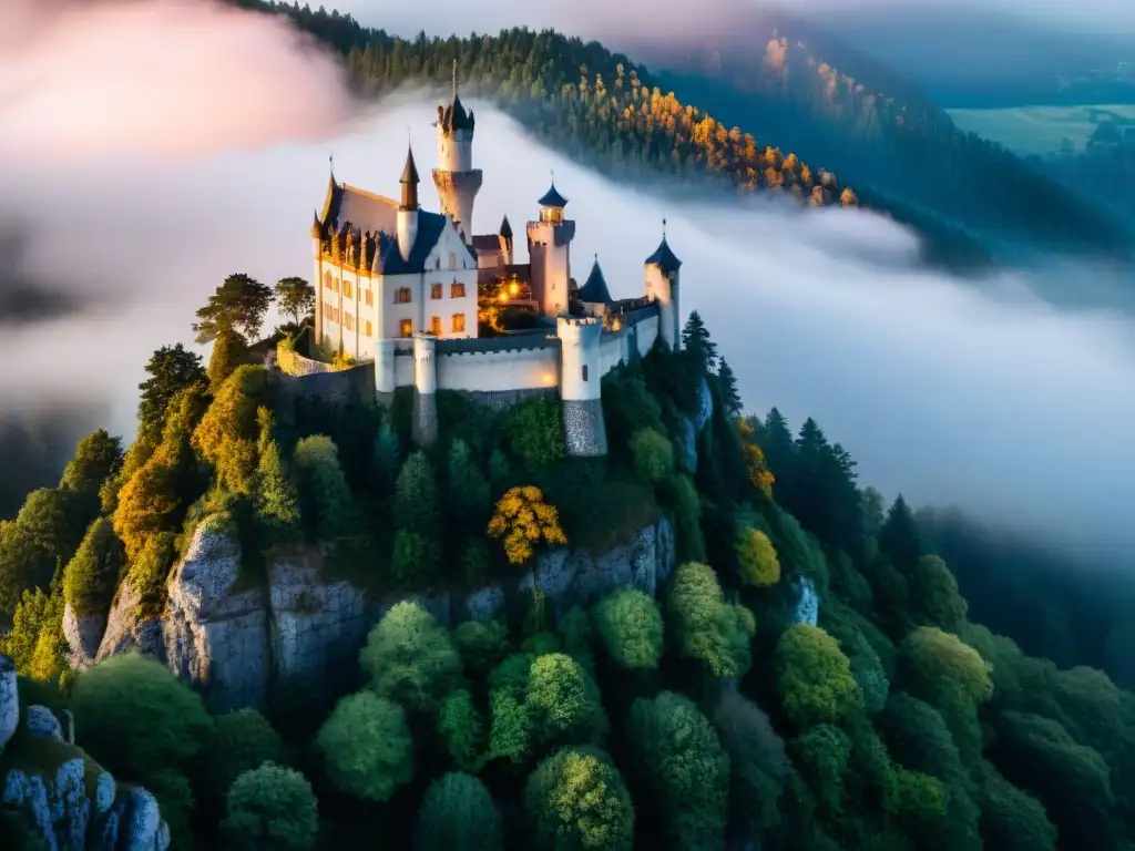 Un castillo majestuoso en lo alto de un acantilado, rodeado de un bosque místico