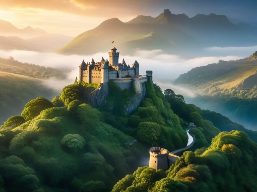 Un castillo majestuoso en lo alto de una montaña, rodeado de bosques y cascadas