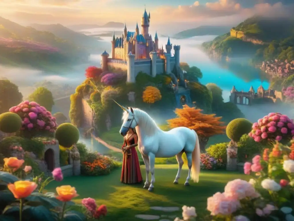 Castillo majestuoso al atardecer con unicornio y dragón, juntos en armonía