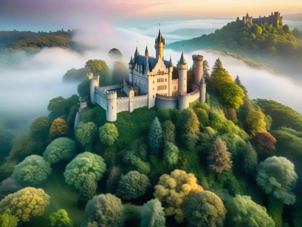 Un castillo majestuoso en un bosque encantado con unicornios y hadas