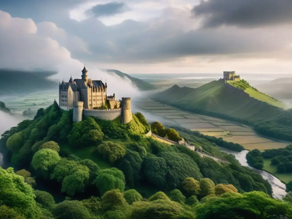 Un castillo majestuoso en la cima de un acantilado, rodeado de bosques verdes y un río