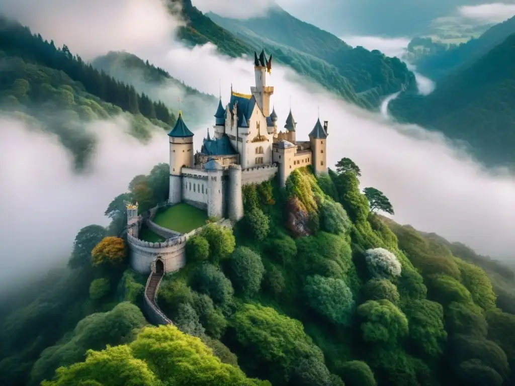 Castillo majestuoso en la cima de una montaña, rodeado de nieblas y bosques, con dragón y amantes, evocando 'Romance en reinos de leyenda'