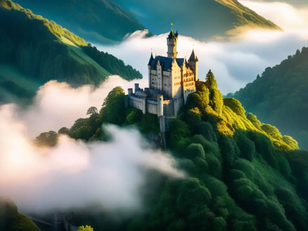 Castillo majestuoso en la cima de la montaña, entre niebla y bosques verdes, bañado por la luz del atardecer