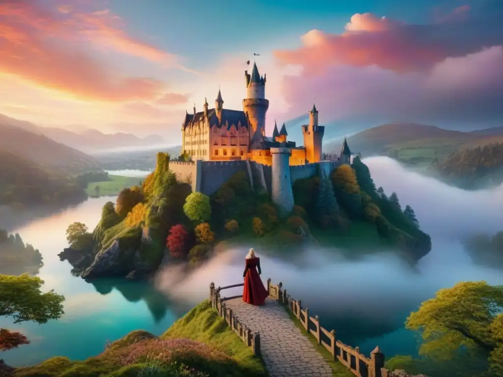 Castillo majestuoso en colina verde con lago y atardecer