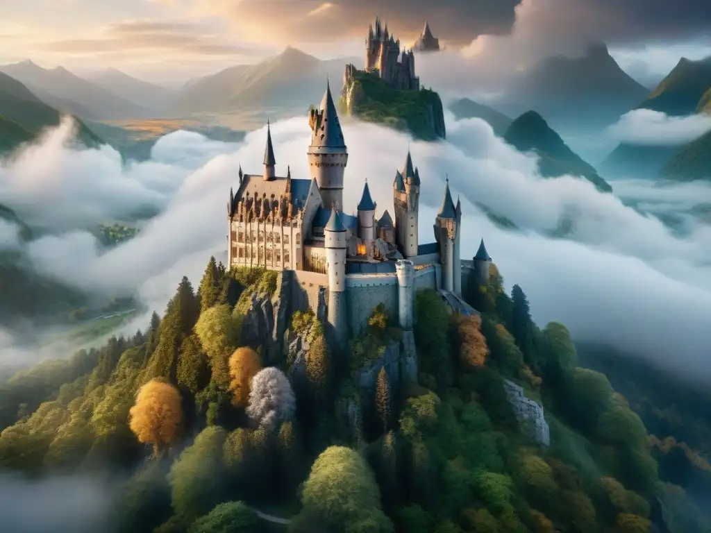 Un castillo majestuoso en una montaña con elementos de Hogwarts y Minas Tirith