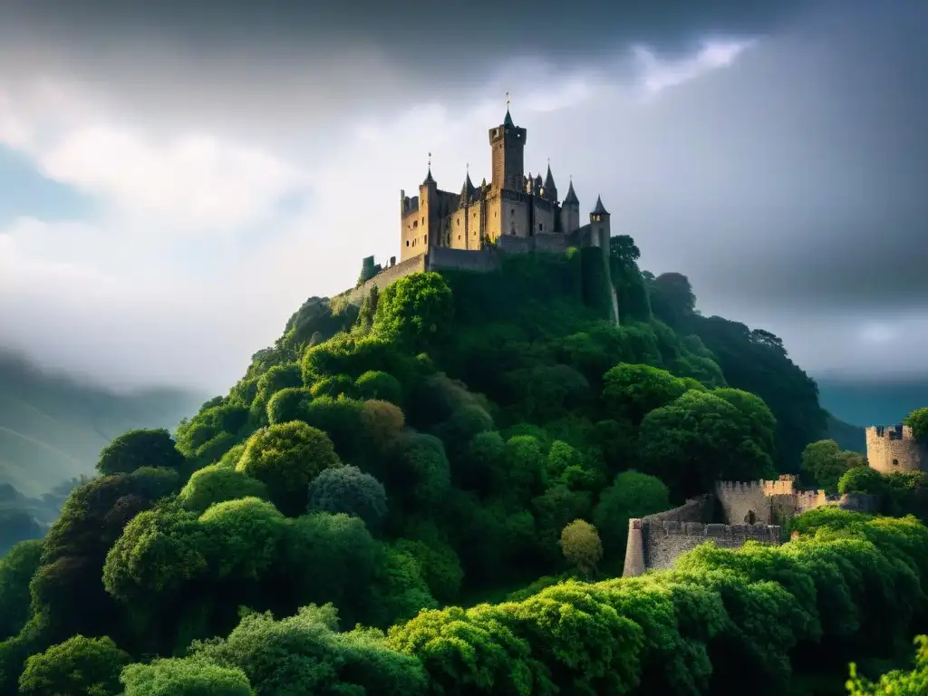 Un castillo majestuoso en un valle cubierto de niebla, rodeado de ruinas antiguas y misteriosas