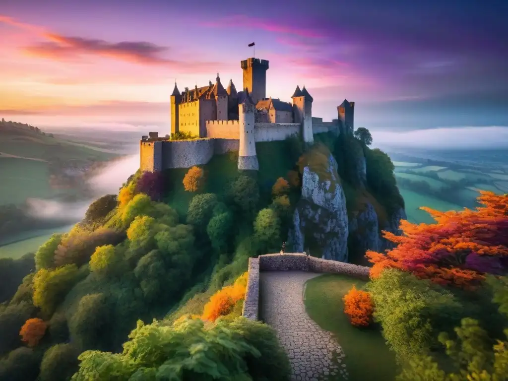 Un castillo medieval en un acantilado al atardecer, con cielos de naranja, rosa y morado