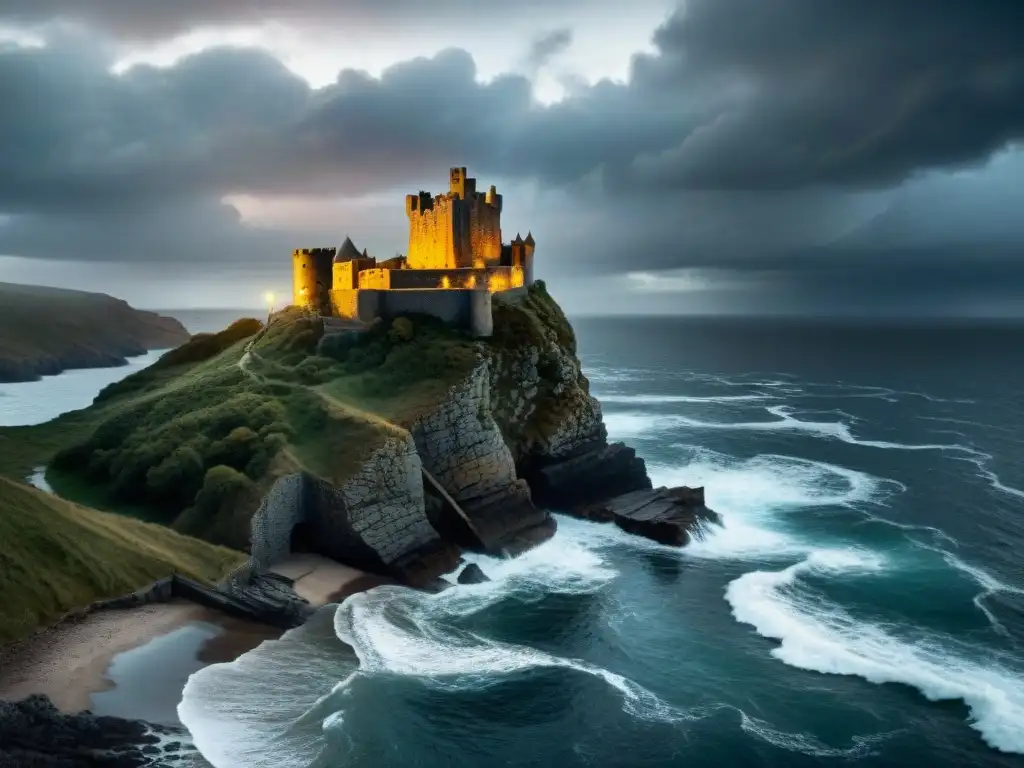 Castillo medieval en acantilado, tormenta en el mar