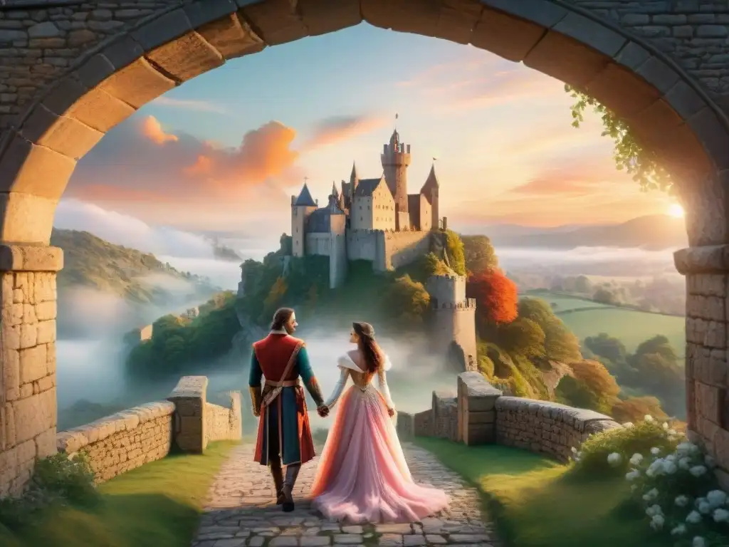 Castillo medieval al atardecer con pareja romántica en reinos de leyenda