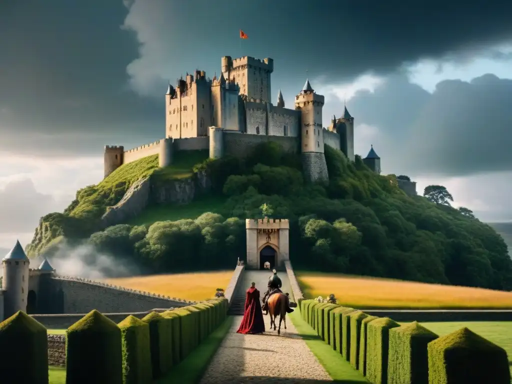 Un castillo medieval imponente con figuras en discusión, rodeado de traición y poder al estilo Game of Thrones