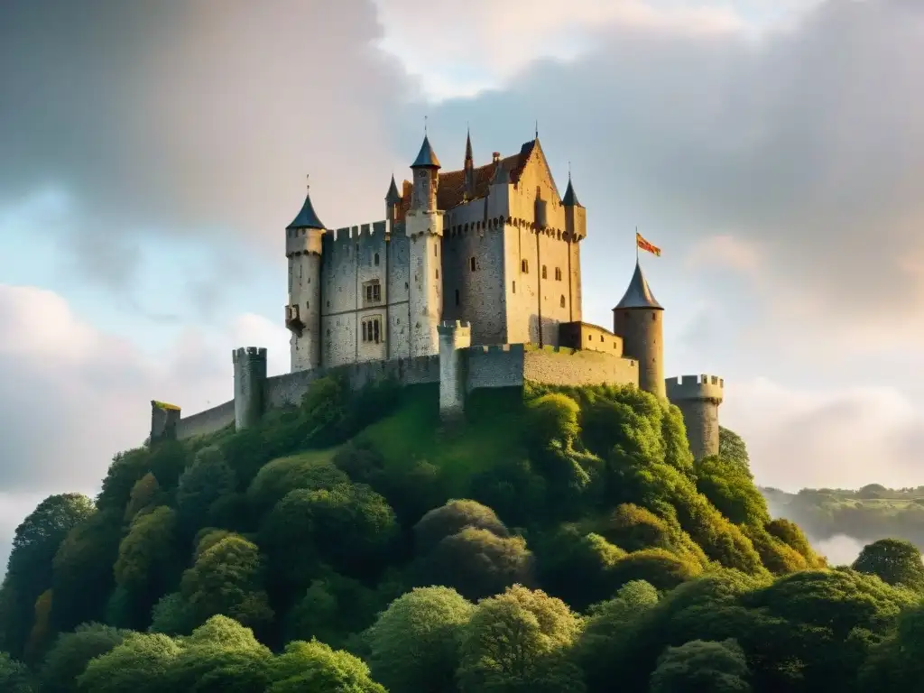 Un castillo medieval imponente rodeado de bosque bajo un cielo tormentoso