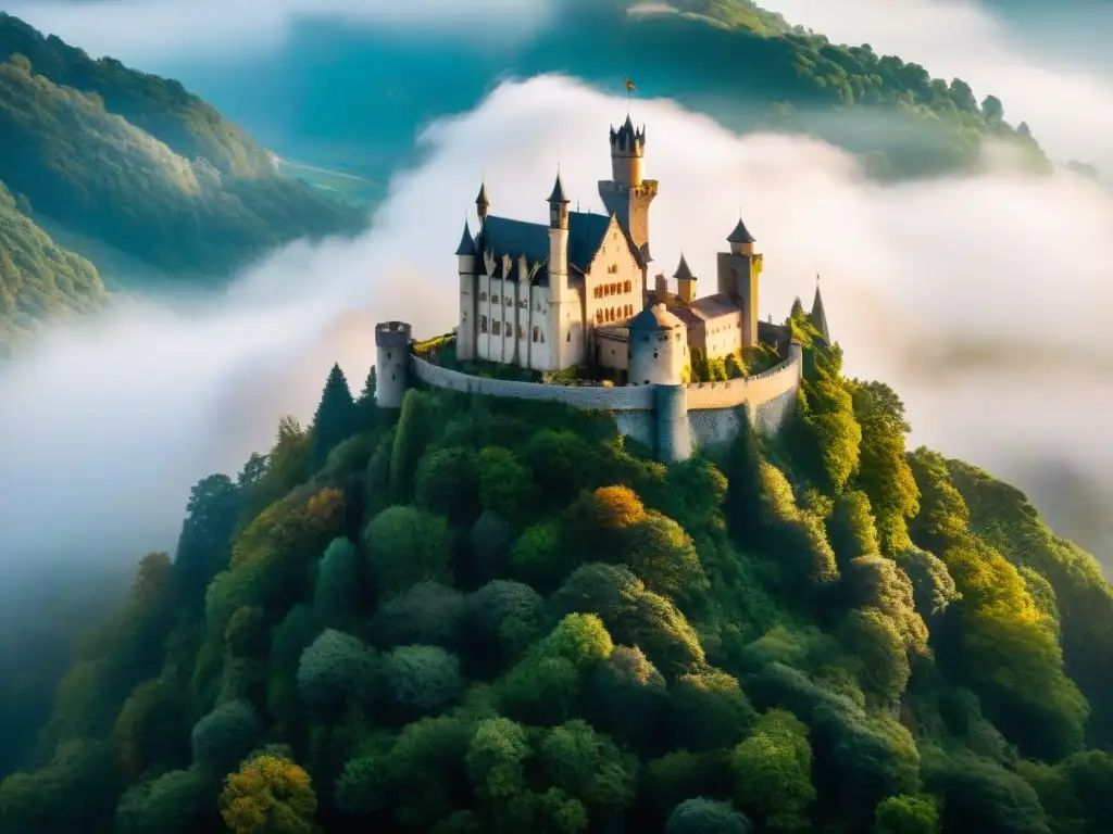 Un castillo medieval majestuoso en un acantilado, rodeado de un bosque místico