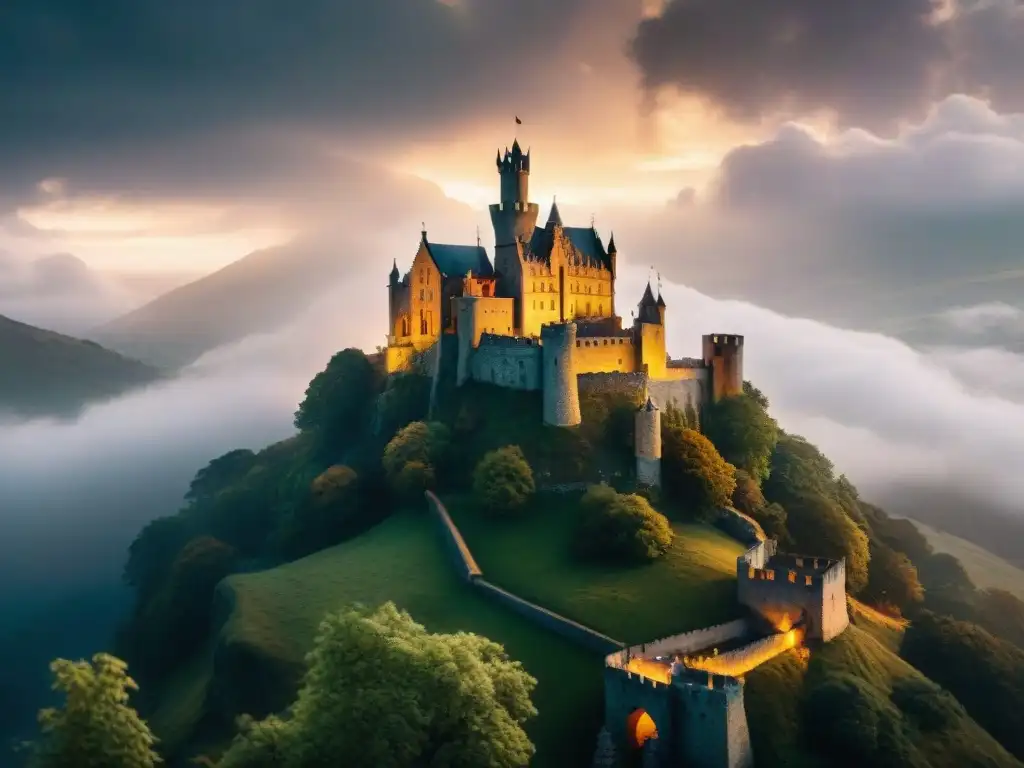 Un castillo medieval majestuoso emerge entre la niebla con el Santo Grial en primer plano, bajo un cielo dramático y dorado