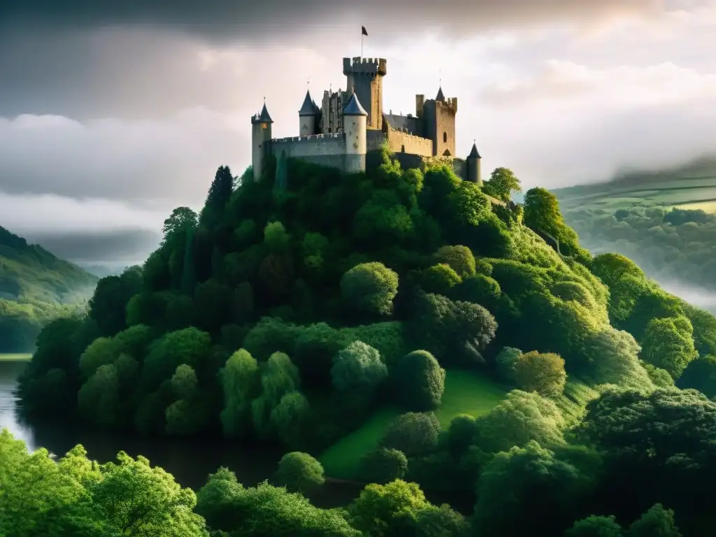 Castillo medieval misterioso bajo tormenta en Camelot, ubicación geográfica de Camelot