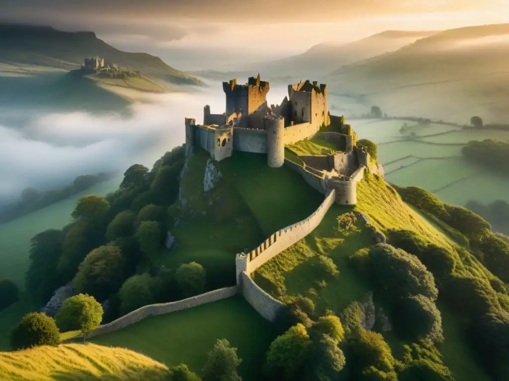 Castillo medieval en la niebla al atardecer, evocando castillos y leyendas Artúricas reales