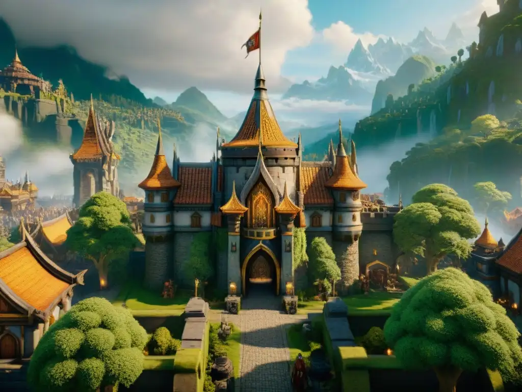 Castillo medieval en el universo de Warcraft con sistema feudal en análisis: majestuosos caballeros, comerciantes y campesinos en bulliciosa actividad