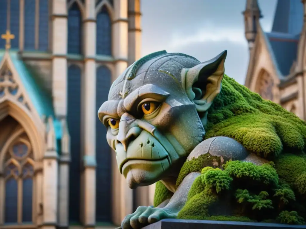 Una gárgola en una catedral gótica centenaria, con mirada protectora y sabiduría ancestral