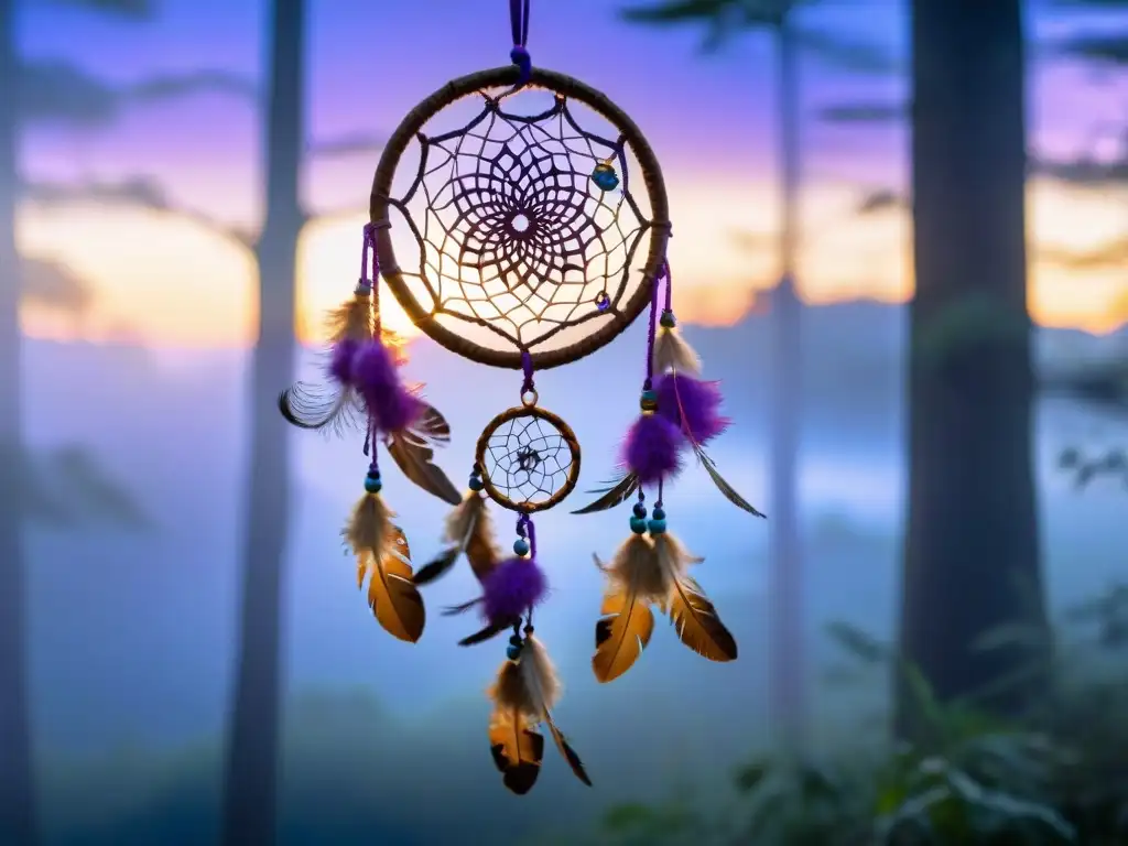 Un cautivador atrapasueños iluminado en un bosque místico al anochecer, con tonos vibrantes de púrpura, azul y dorado