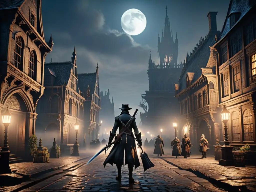 Un cazador solitario explora las calles lúgubres de Yharnam en Bloodborne, donde criaturas acechan en la oscuridad