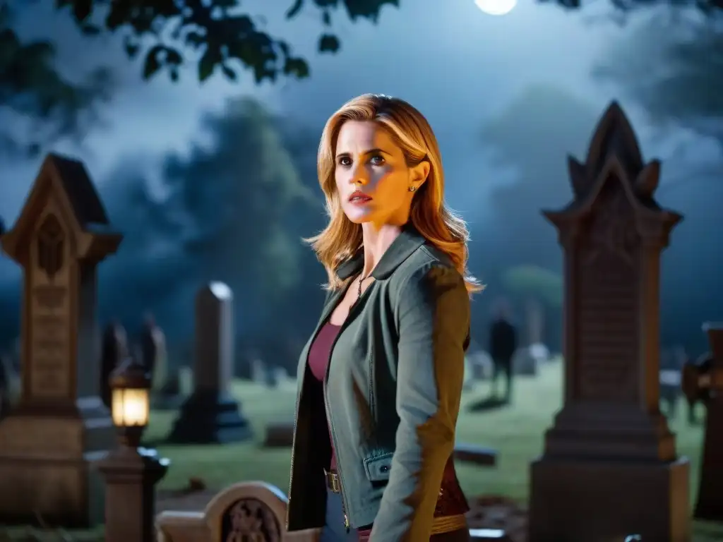 Buffy, la cazavampiros, desafiante en un cementerio oscuro, rodeada de vampiros