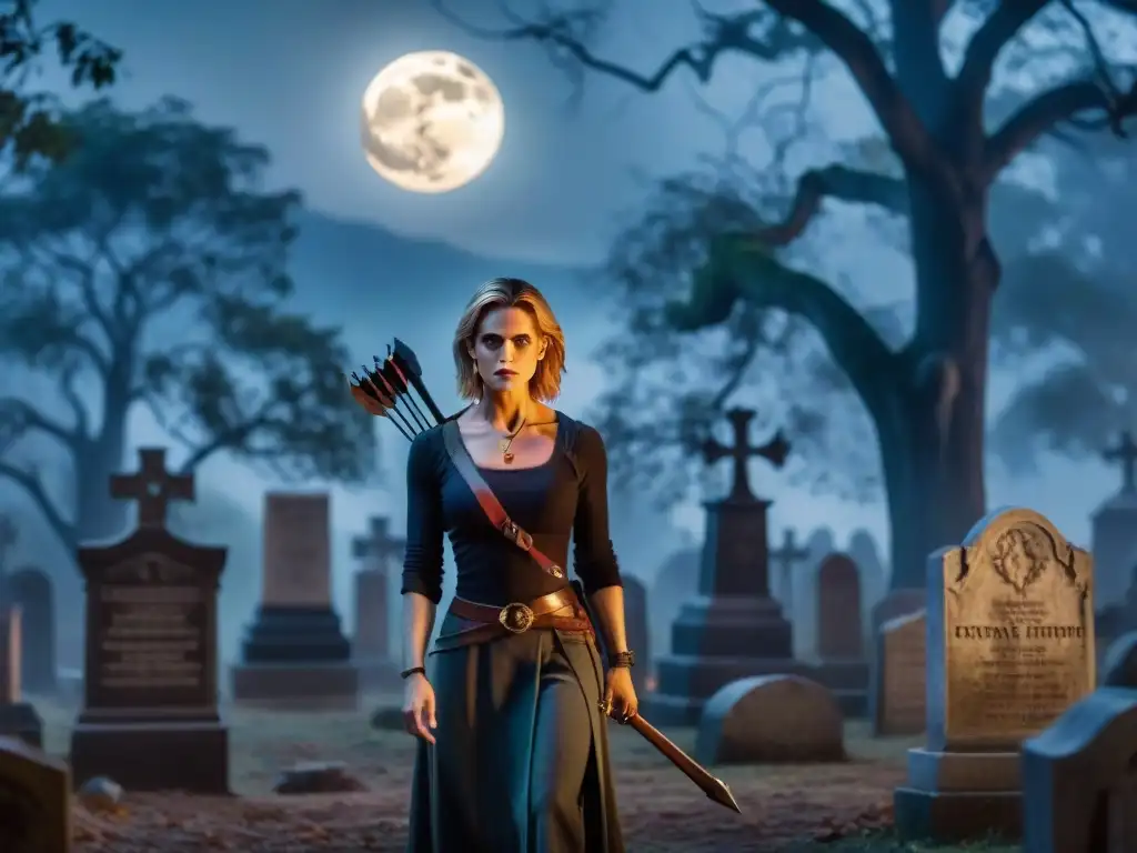 Buffy, la cazavampiros, de pie en un cementerio oscuro y brumoso de noche, lista para la batalla