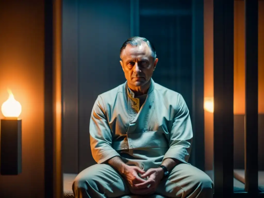 Hannibal Lecter en su celda icónica, rodeado de sombras con un tenue foco iluminando su rostro, reflejando su expresión fría y calculadora