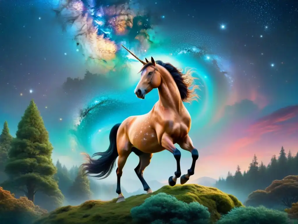 Un centauro majestuoso en un bosque encantado, rodeado de criaturas imaginarias en mundos ficticios