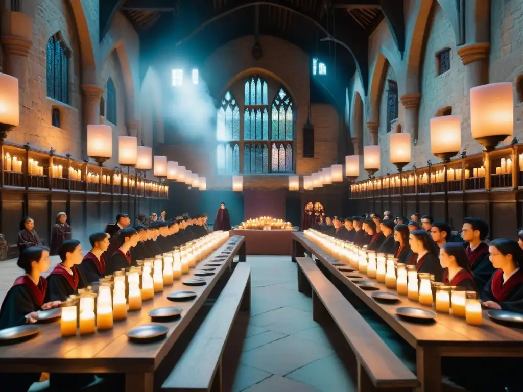 Una ceremonia mágica de selección en el mundo de Harry Potter, con estudiantes vestidos de gala y velas flotantes