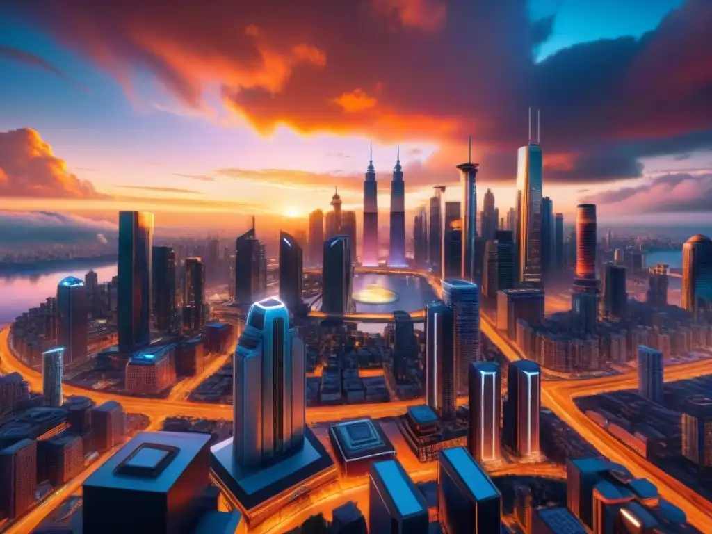 En el cielo del atardecer, una ciudad futurista con arquitectura en mundos ficticios