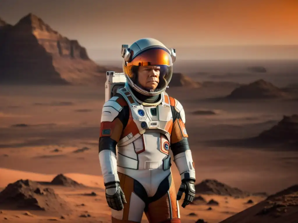 Exploración en Marte con Mark Watney de 'The Martian', bajo un cielo naranja y sol poniente