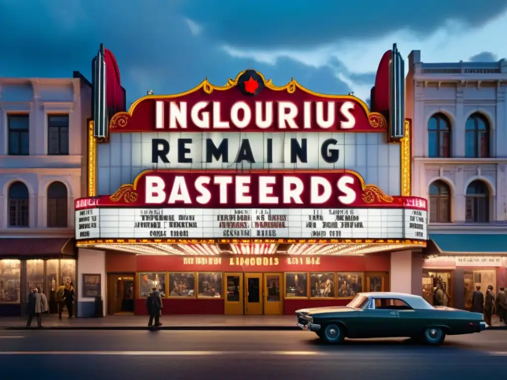 Marquesina de cine vintage iluminada con 'Inglourious Basterds' al atardecer, reimaginando historia a través del cine