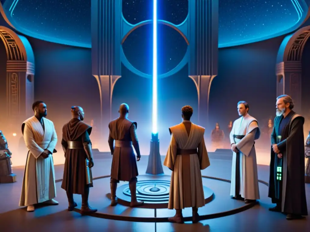 Ilustración cinemática detallada de Jedi con sables de luz coloridos bajo un cielo estrellado en un templo Jedi