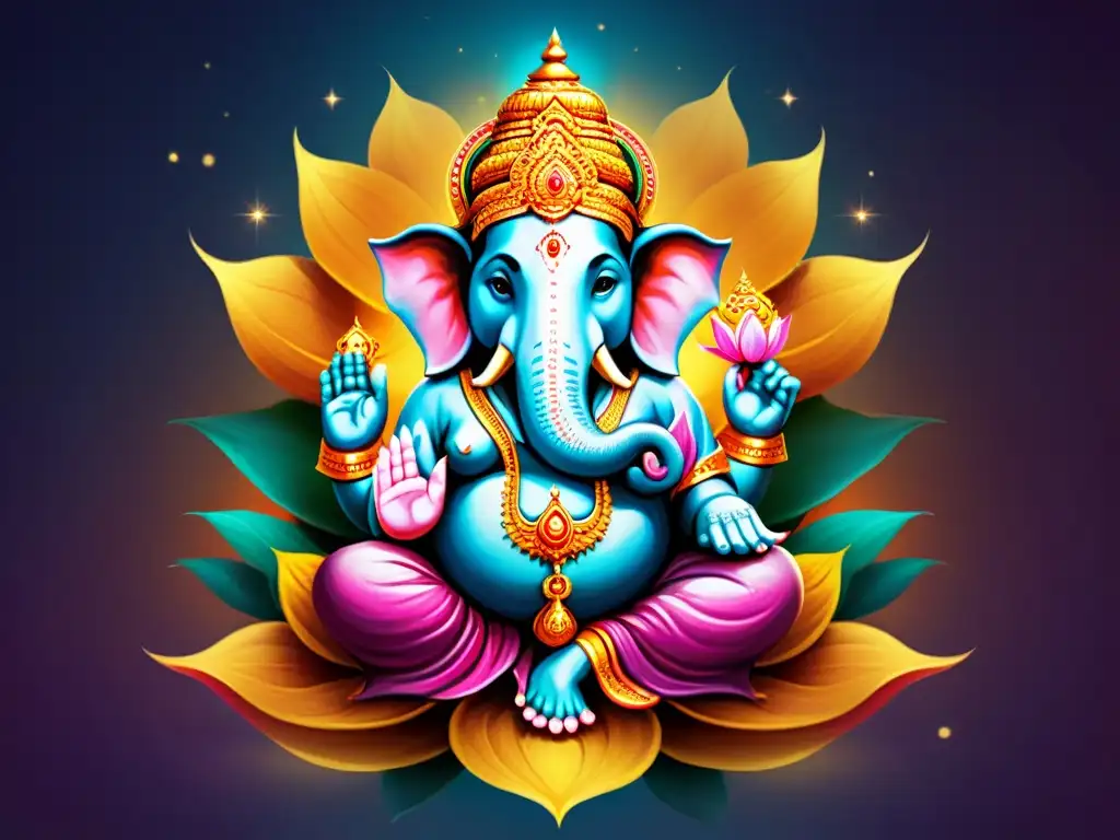 Ilustración impactante de Lord Ganesha: sabiduría y poder divino Una ilustración cinematográfica de Lord Ganesha, la deidad hindú, sentado majestuosamente en una flor de loto con un aura radiante a su alrededor