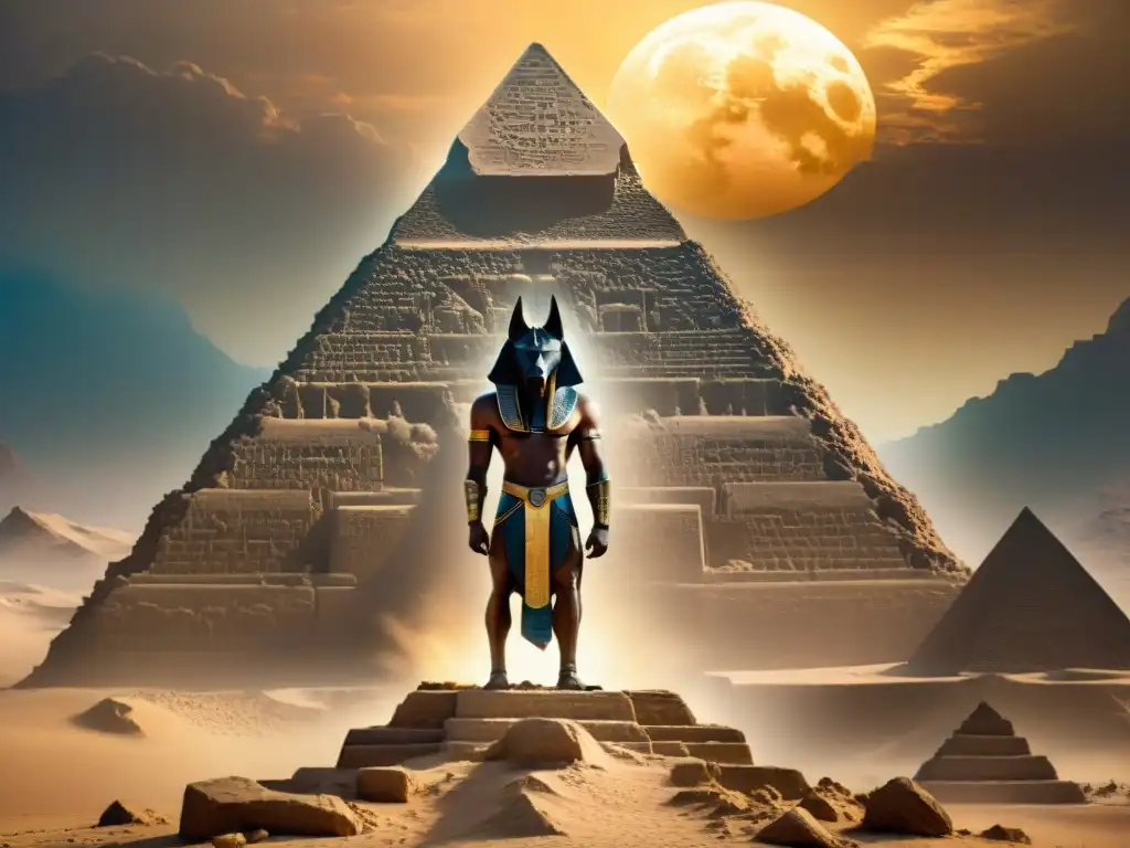 Ilustración cinematográfica detallada de Anubis, dios egipcio de la muerte, entre niebla y pirámides antiguas