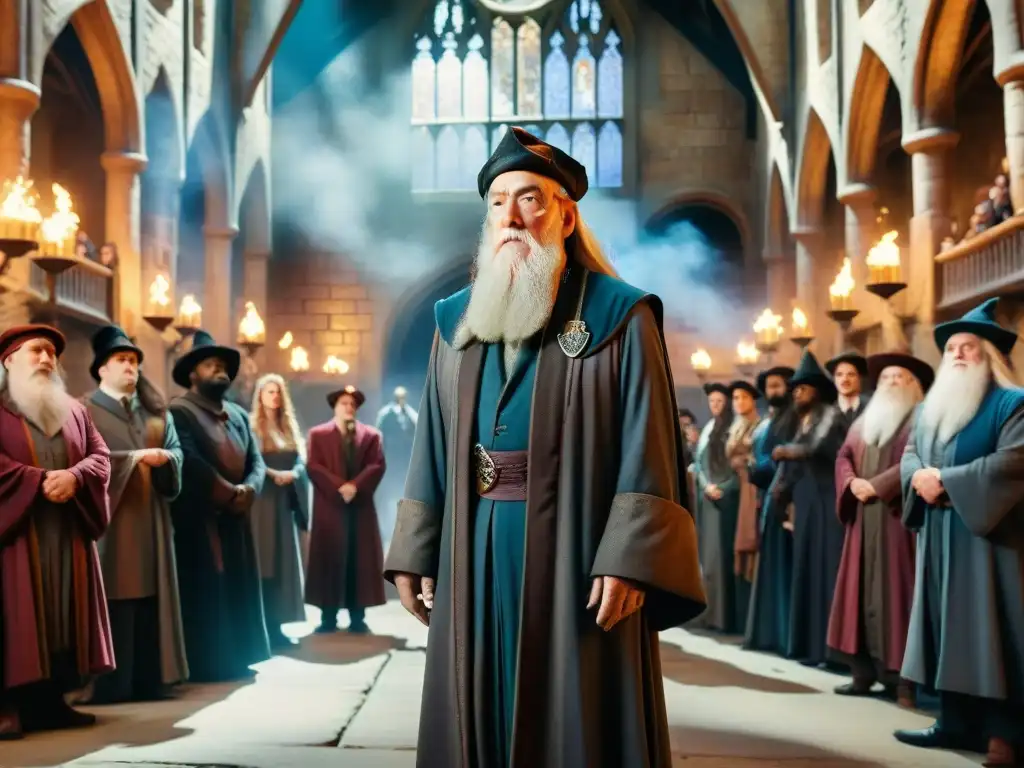 Ilustración cinematográfica detallada de Dumbledore liderando a magos y brujas con confianza en Estrategias de liderazgo de Dumbledore