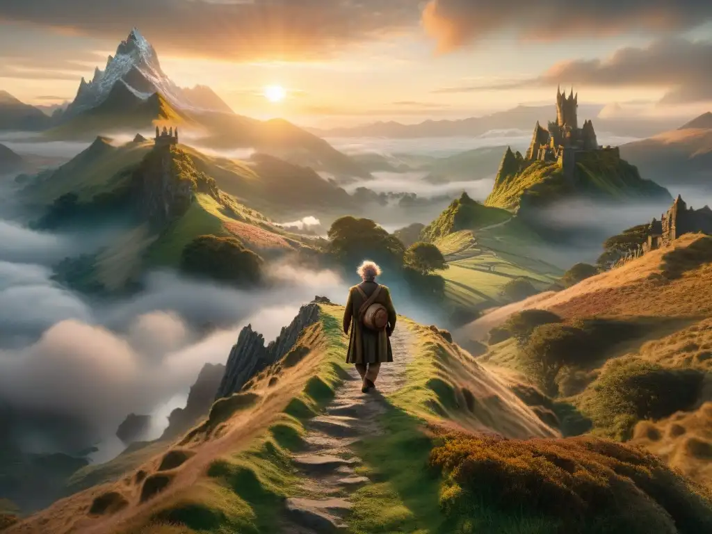 Adaptación trilogía cinematográfica El Hobbit: Bilbo Baggins frente a las Montañas Nubladas al atardecer, en un paisaje épico y misterioso