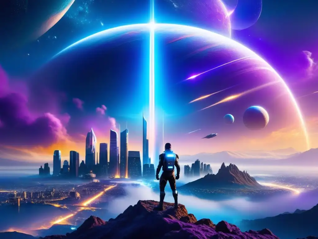 Una ilustración cinematográfica impresionante de una ciudad futurista protegida por escudos de energía, reflejando tecnología y esperanza