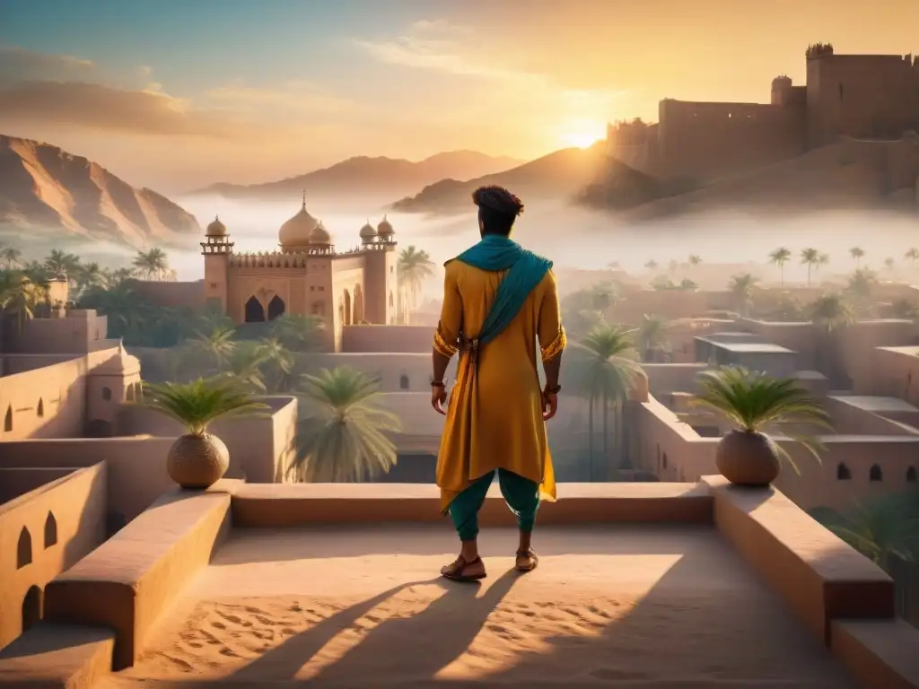 Una ilustración cinematográfica impresionante de un majestuoso paisaje urbano inspirado en los ricos reinos ficticios en Prince of Persia