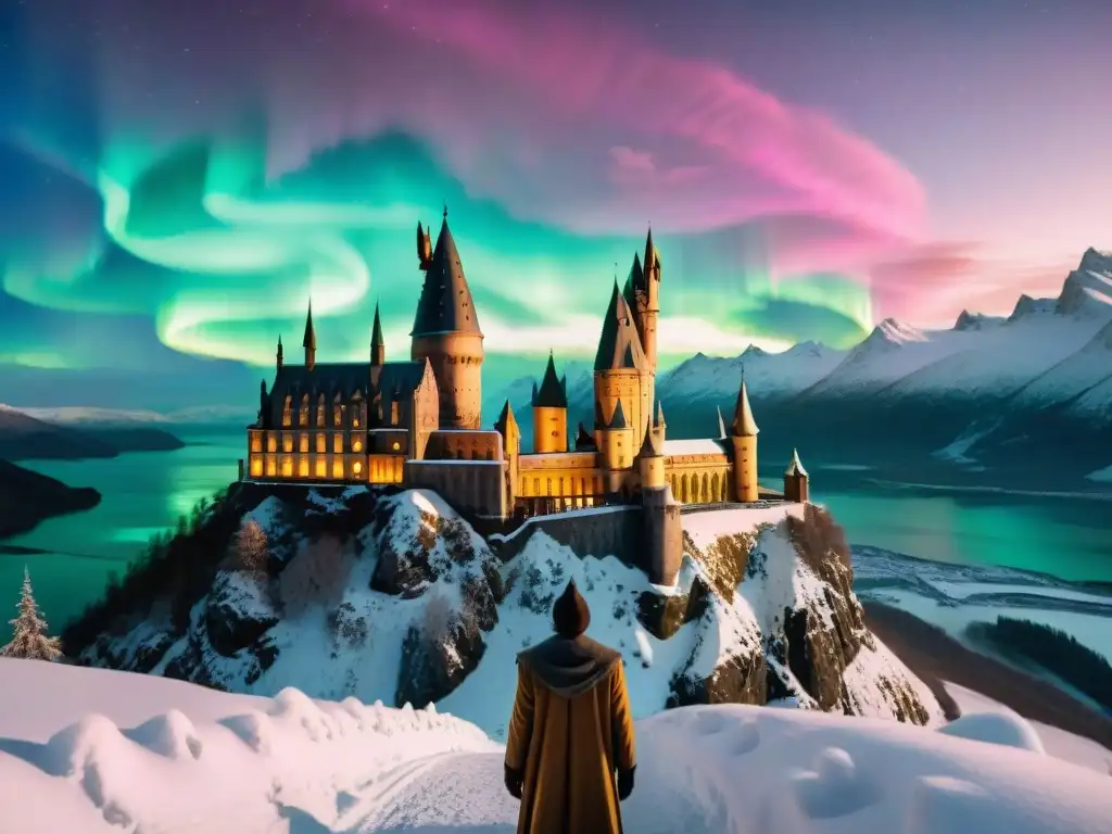 Ilustración cinematográfica de Hogwarts en las montañas nevadas bajo la aurora boreal