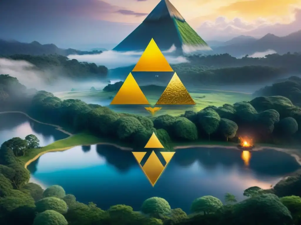 Ilustración cinematográfica del Triforce en Hyrule, con una luz dorada vibrante y escenarios míticos como la Aldea Kokiri, el Volcán del Pico de la Muerte y el Lago Hylia bajo un cielo estrellado