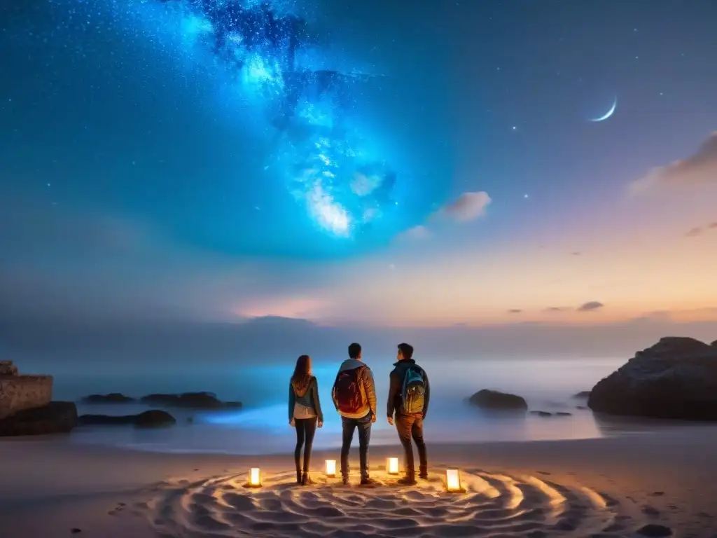 Portal místico: adolescentes descubren un universo secreto Un círculo de adolescentes en una playa iluminada por la luna, frente a un portal brillante en ruinas cubiertas de símbolos