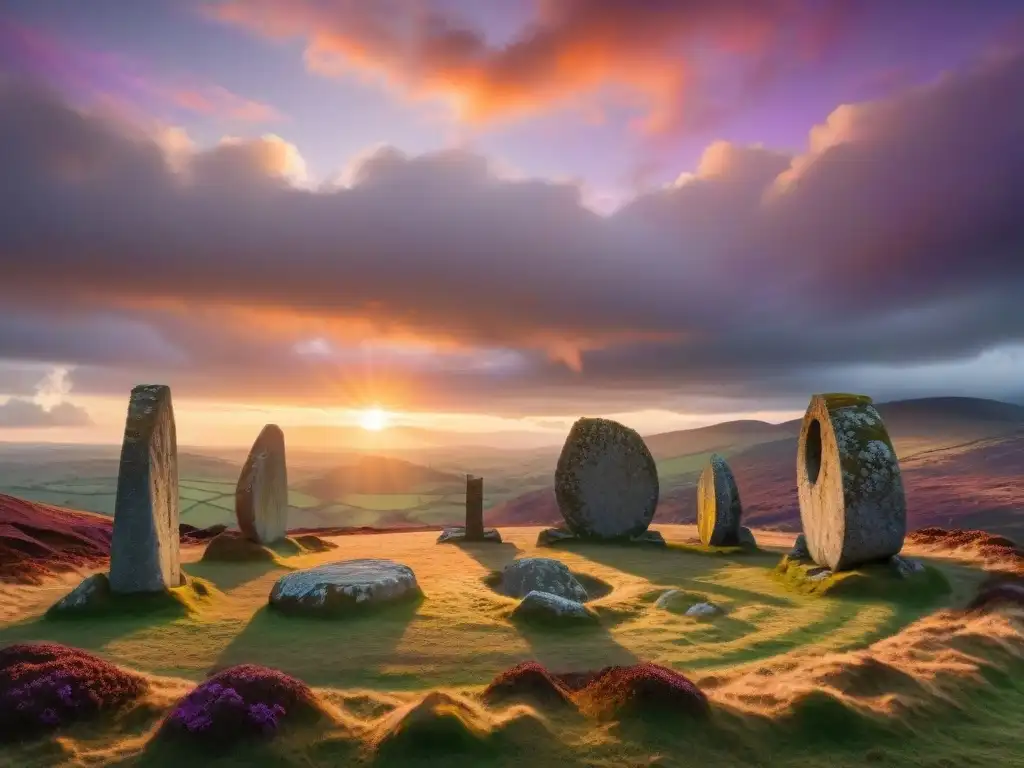 Un círculo de piedras misterioso al atardecer en Escocia, evocando la magia de los viajes en el tiempo en Outlander