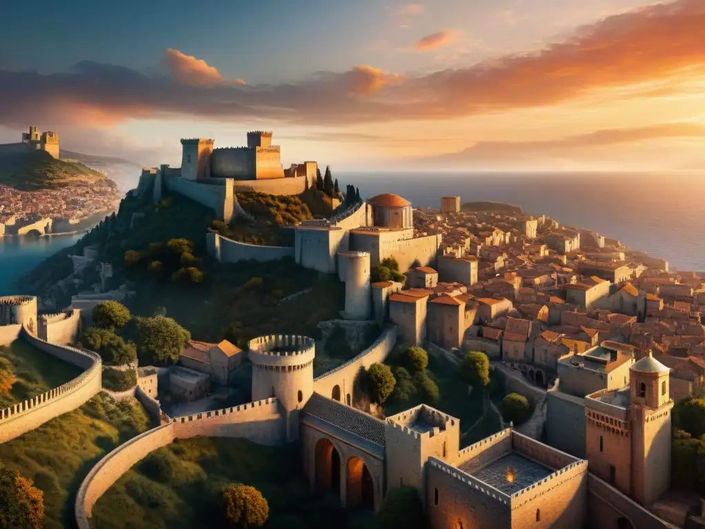 Una ciudad antigua con influencia de culturas romana y bizantina al atardecer, evocando el mundo de 'Game of Thrones'