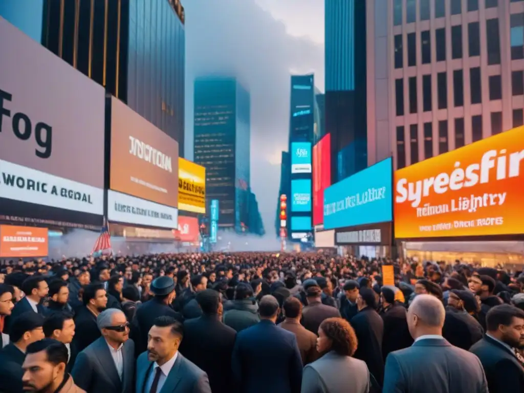 En una ciudad bulliciosa al anochecer, iluminada por luces de neón y farolas que se reflejan en las calles mojadas por la lluvia