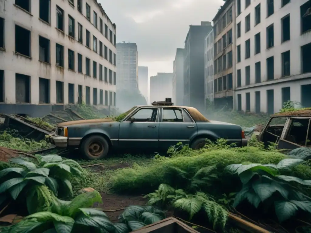 Una ciudad desolada invadida por la vegetación, con restos de la lucha humana en un mundo postapocalíptico